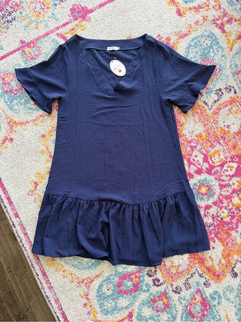 Women's Navy V-Neck Ruffle Hem Casual Dress